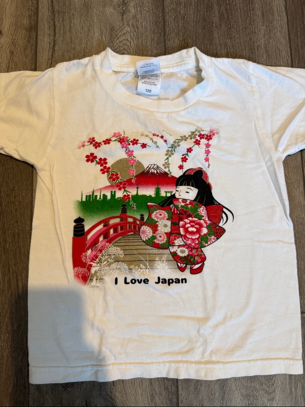 White Tee with Red and Green Japanese Kimono Girl Graphic